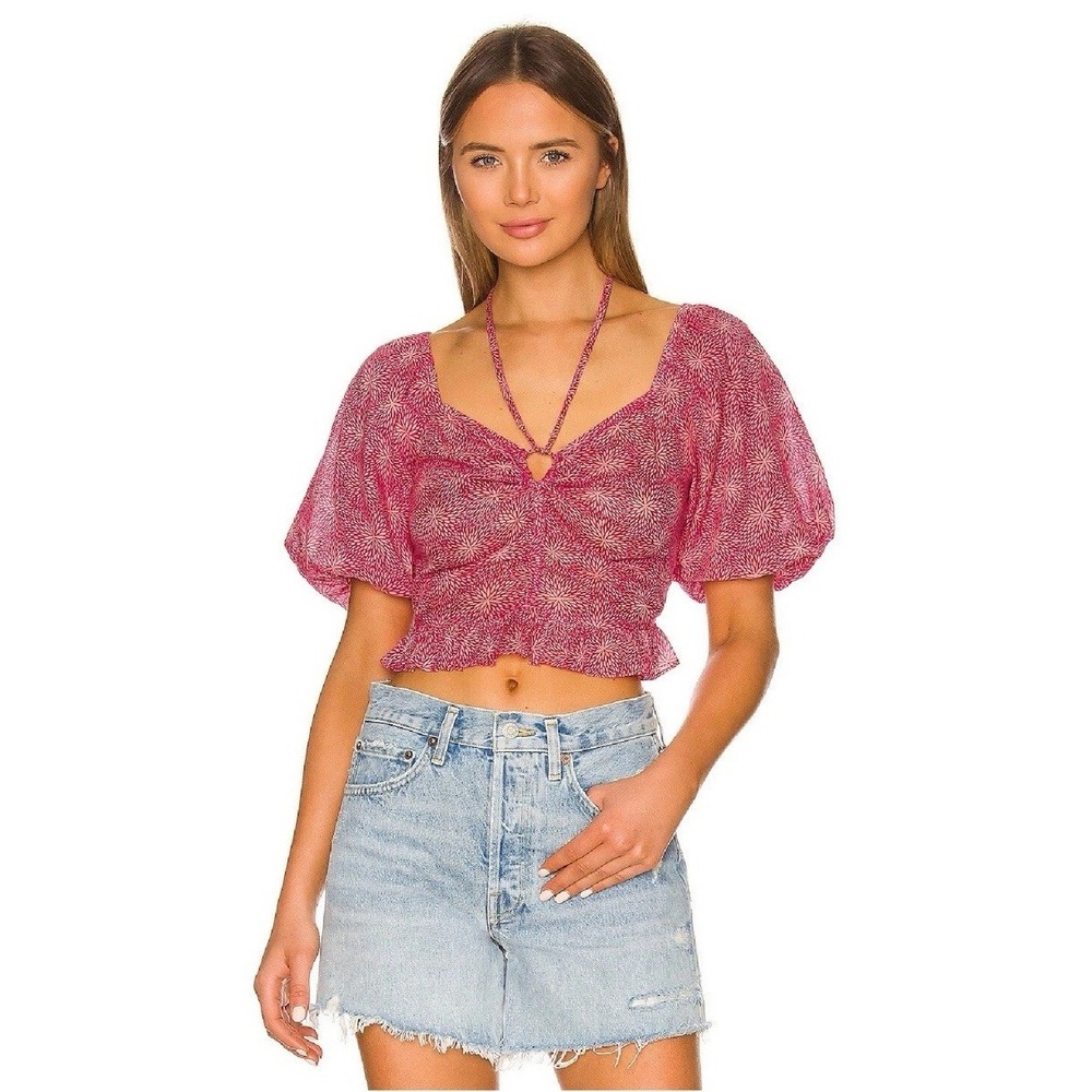 Banjanan Flora Top Petal power fuschia SM puff sleeve smocked cropped cotton